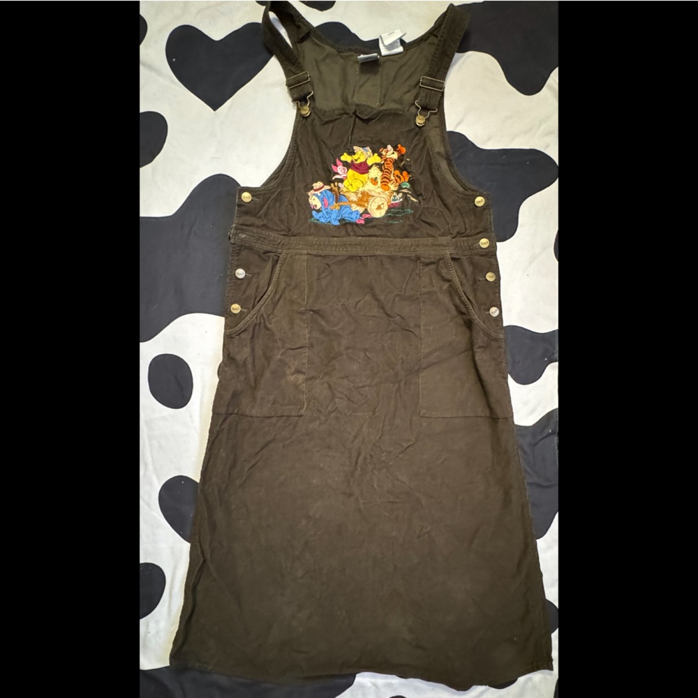 The Disney Store Vintage Winnie the Pooh Overall Forest Green Dress Embroidered